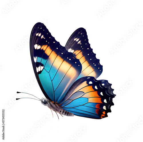 Very beautiful blue yellow orange butterfly in flight isolated on a transparent background.