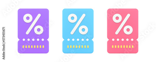 Sale shopping ticket discount percentage voucher retail special offer coupon 3d icon set vector