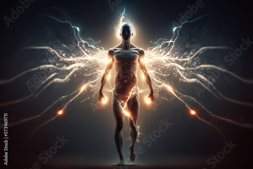 Strong man in lightning flashes, athlete silhouette with energy, generative AI