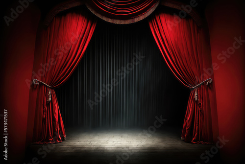 Empty theatre stage in spolight with red curtains. Generative AI