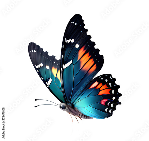 Very beautiful blue orange butterfly in flight isolated on a transparent background.