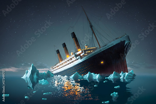 Titanic wreck as a result of a collision with an iceberg in the Atlantic Ocean. 