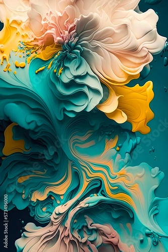 Elegant and vibrant abstract floral spring design, vertical phone digital art wallpaper, liquid paint wavy stirrup swirl, colorful yellow, white, pink, teal, blue (generative ai) 3d render, vertical i