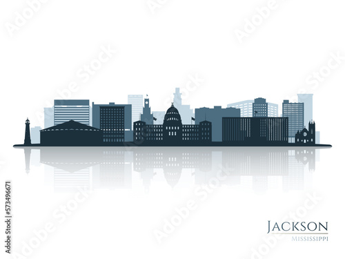 Jackson skyline silhouette with reflection. Landscape Jackson, Mississippi. Vector illustration.