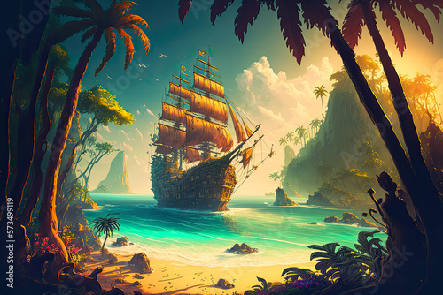 Big pirate ship cruising to bay of tropical island. Postproducted generative AI illustration.