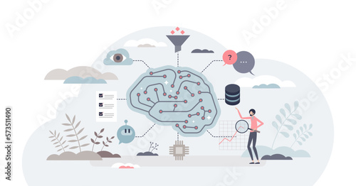 Generative AI or artificial intelligence data algorithm tiny person concept, transparent background. Technology analysis for effective automation and smart logic system learning.