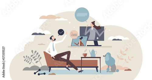 Hybrid team with work from home of office combination tiny person concept, transparent background.Flexible structure for workspace and distant online job opportunity illustration.