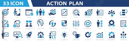 Action plan 33 icon set. Banner action plan concept.Containing planning, schedule, strategy, analysis, tasks, goal. Action plan banner web icon vector illustration concept. Solid icon collection.