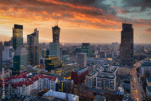 Amazing cityscape of Warsaw at sunset, Poland.