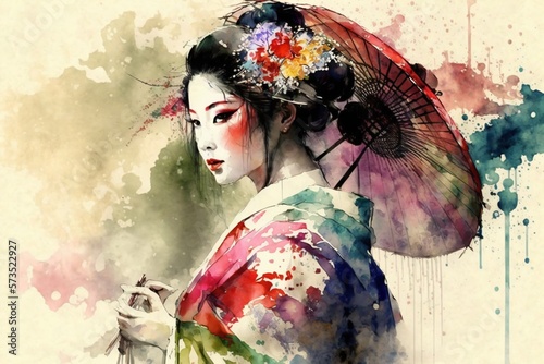 geisha colored with watercolors, generative ai