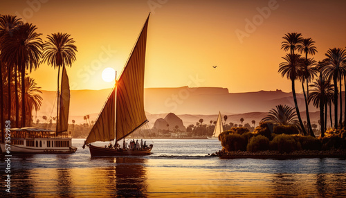 Felucca ship cruise adventure down the Nile river, taking in all the sights and sounds of Egypt. From the bustling markets of Cairo to the inspiring temples of Luxor. AI generative