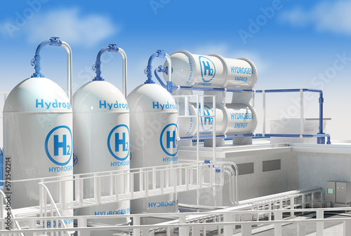 Tanks for gaseous hydrogen. Eco-friendly energy plant. H2 logo on white tanks. Solving energy problems. Hydrogen equipment on roof of factory. Hydrogen storage. Sustainable energy model. 3d rendering