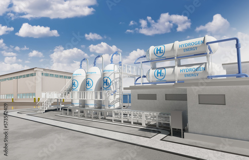 Tanks for gaseous hydrogen. Industrial area with eco power plant waters blue sky. Hydrogen renewable energy production. Green energy. H2 hydrogen for energy replacement. Industrial Zone. 3d image.
