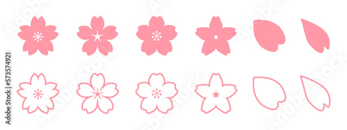 ピンク色の日本の桜、春のサクラの花びら、ベクターアイコンイラスト素材セット
