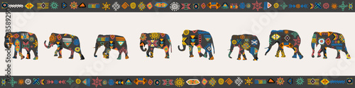 African design with elephants and tribal symbols and motifs