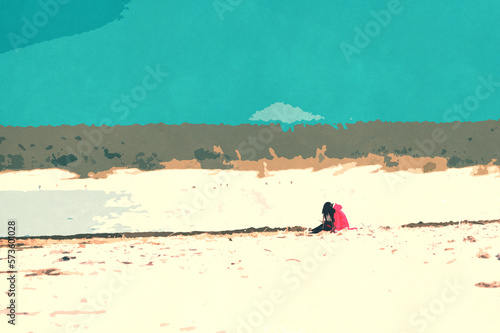 Ilustracja grafika samotna kobieta siedząca na plaży telefon w dłoni.