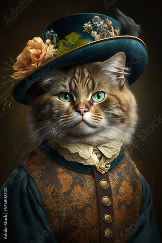 Cat dressed in vintage clothes in Victorian style, portrait in the style of the 19th century, funny cute cat in human clothes. AI generated image.