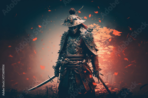 illustration painting A samurai with a katana stands ready to fight against a huge army. 2D illustration. 2D illustration, digital art style. (ai generated)