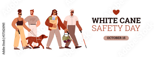 White cane safety day banner or poster with blind people, vector illustration.