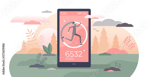 Step counter and pedometer activity app measurement tiny persons concept, transparent background. Sport tracker and heart rate monitoring device with daily footsteps information illustration.