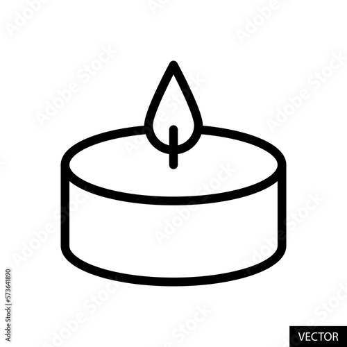 Tealight candle vector icon in line style design for website, app, UI, isolated on white background. Editable stroke. Vector illustration.