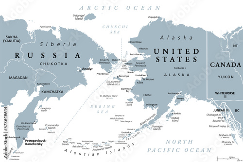 Russia and United States, maritime boundary, gray political map. The Chukchi Peninsula of Russian Far East, and Seward Peninsula of Alaska, separated by Bering Strait between Pacific and Arctic Ocean.
