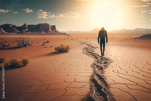 a man walking through a sand-covered desert at sunset, a 3D rendering, environmental art, rendered in 4d cinema