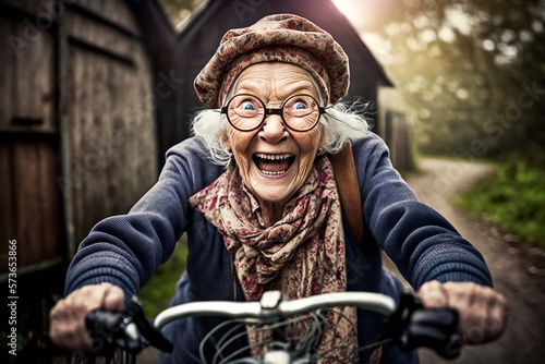An cute happy and smiling granny ride the bicycle - AI generative