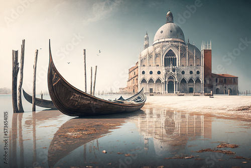 the arid and dried up lagoon of Venice with gondolas stranded on dry land - AI generative