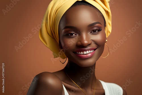 Smiling black woman fashion headshot portrait. African beautiful woman portrait. Young model with dark skin and perfect smile