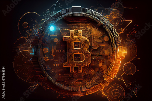Bitcoin crypto currency on black background, golden conceptual, generative ai