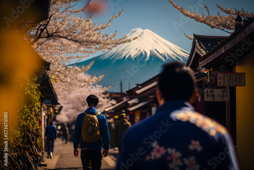 Walking in the park with blooming pink sakura along the street, the villagers of japan in the distance against the backdrop of Mount Fuji volcano. Generative AI