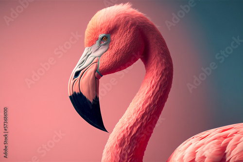 Tropical pink flamingo portrait. Exotic bird closeup.