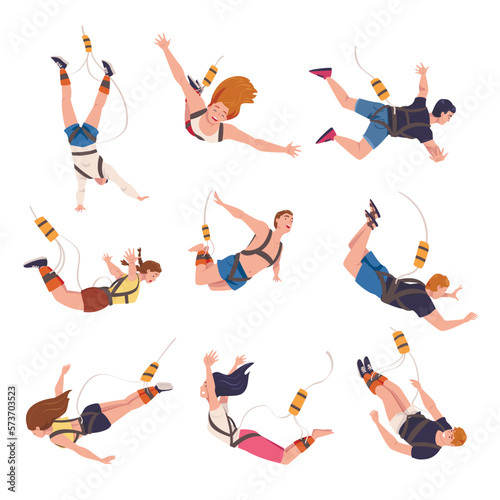 Bungee Jumping with People Character Free Falling Down from Great Height Connected to Elastic Cord Vector Set