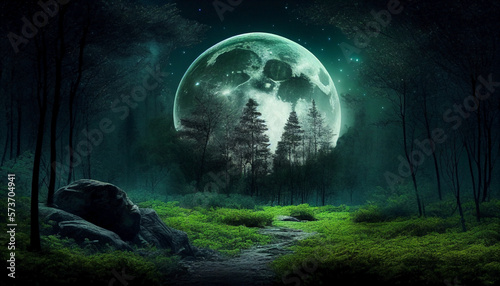 The night landscape of the forest marks the way to the full moon. World day for forests and wildlife. Ai generated.