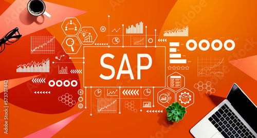 SAP - Business process automation software theme with a laptop computer on a orange pattern background
