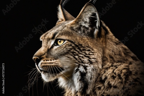 Portrait of a beautiful Iberian lynx, in black background. Ai generated