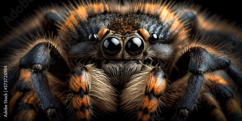 Extreme close up of a spider. Tarantula macro image of the head and eyes on black background, Image created with generative ai
