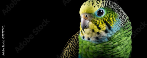 Close up of a pet budgie bird on black background. 