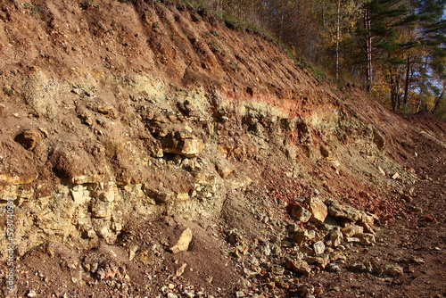 Part of the slope dug by an excavator with exposure of limestone rocks and clays of the Carboniferous period, lying under a layer of Quaternary deposits. Kaluzhskiy region, Russia