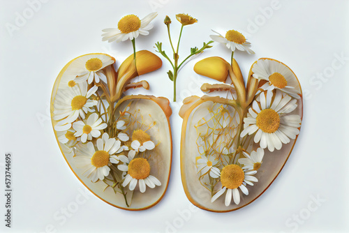 human kidneys made from daisies, set against a white background. Concept of kidney health benefits of herbal medicine chamomile decoction, which diuretic properties. Daisy petals intricate details ai