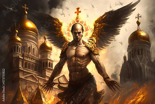 An angel of revenge and fury from ukraine comes to burn down the kremlin and red square, take down moscow, putin and his gang, stop the killing religious, strong, anger at the cruelty of the russians
