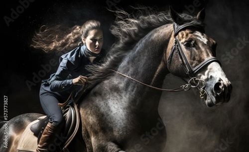 Female rider on beautiful horse running gallop, Generative AI