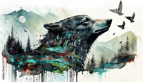 Beautiful Alaskan Wolf portrait in Watercolor illustration created with Generative AI artificial intelligence technology