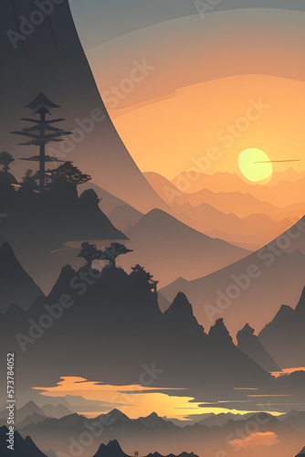 a beautiful landscape with mountains and a sunset, generative ai