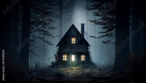 Haunted house in the woods, scary at night, Generative AI