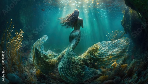 beautiful mermaid swimming under water with light shine trough water surface, Generative Ai