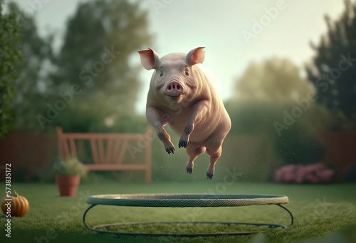 Funny pig jumping on a trampoline. The green lawn of the backyard. A mock composition. Generative AI