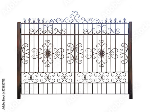 Iron gate with wrought-iron decor.