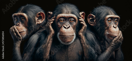 Illustration of 3 intelligent looking chimpanzee monkeys AI generated content